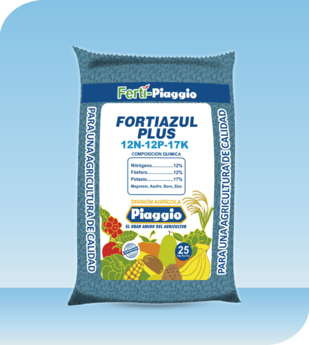 Forti Azul Plus 12-12-17 probablemente hace referencia a un fertilizante formulado con una mezcla de nutrientes esenciales: 12% Nitrógeno (N), 12% Fósforo (P2O5), y 17% Potasio (K2O).